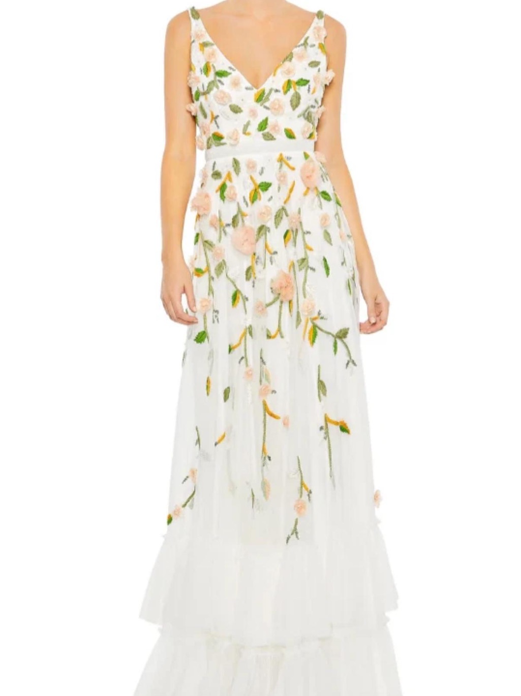 Mac Duggal White Maxi Dress With Pink Floral Embroidery